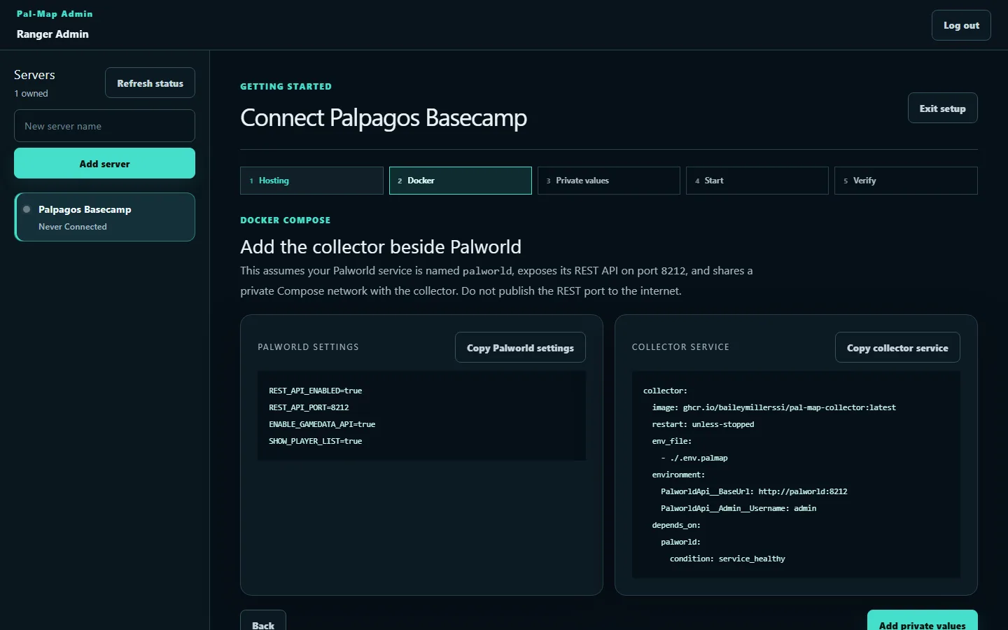 Pal-Map administrator on step 2 of the guided Docker Compose collector setup.