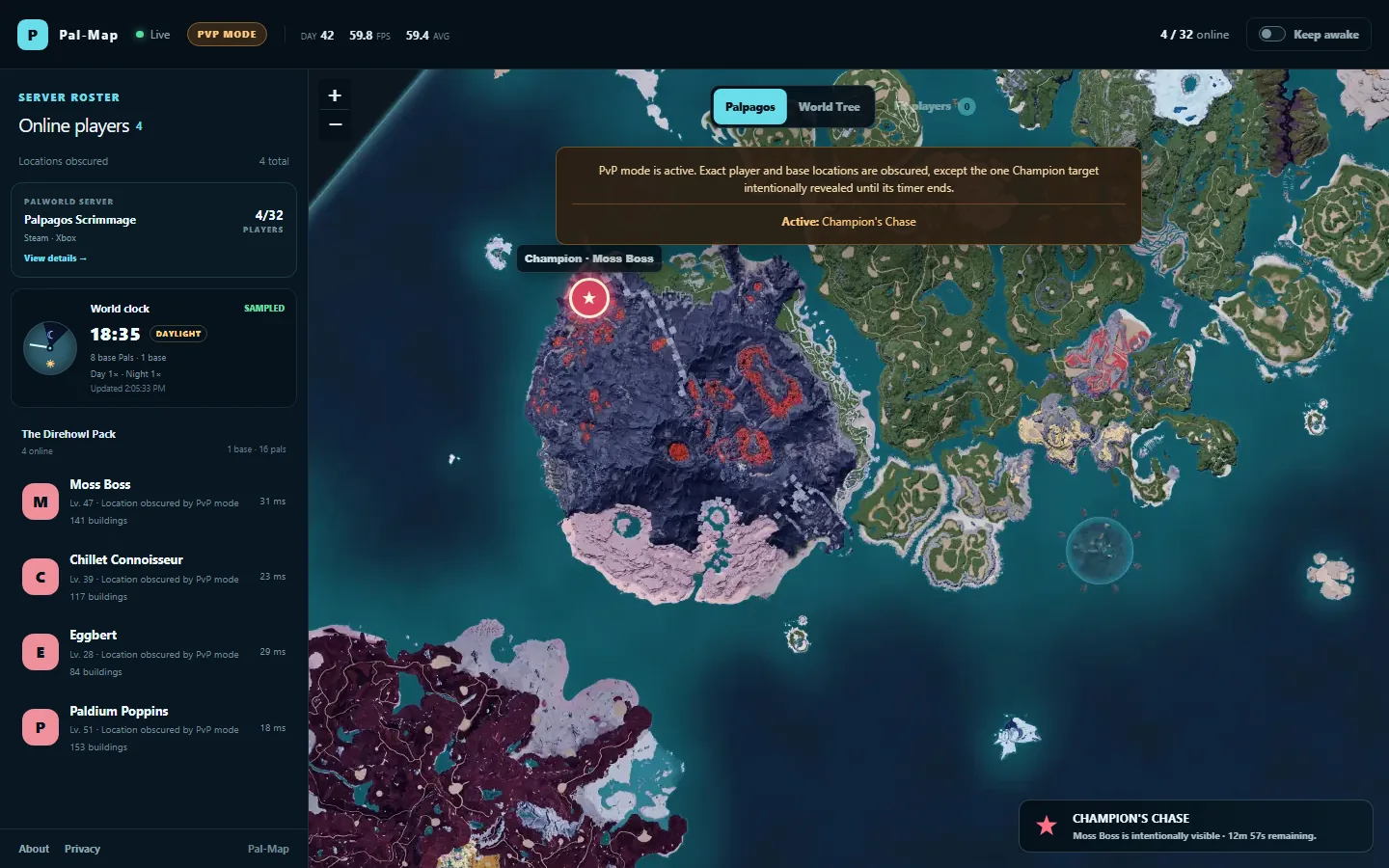 Pal-Map PvP viewer showing one coral Champion target marker and a remaining-time panel while every other player location stays hidden.