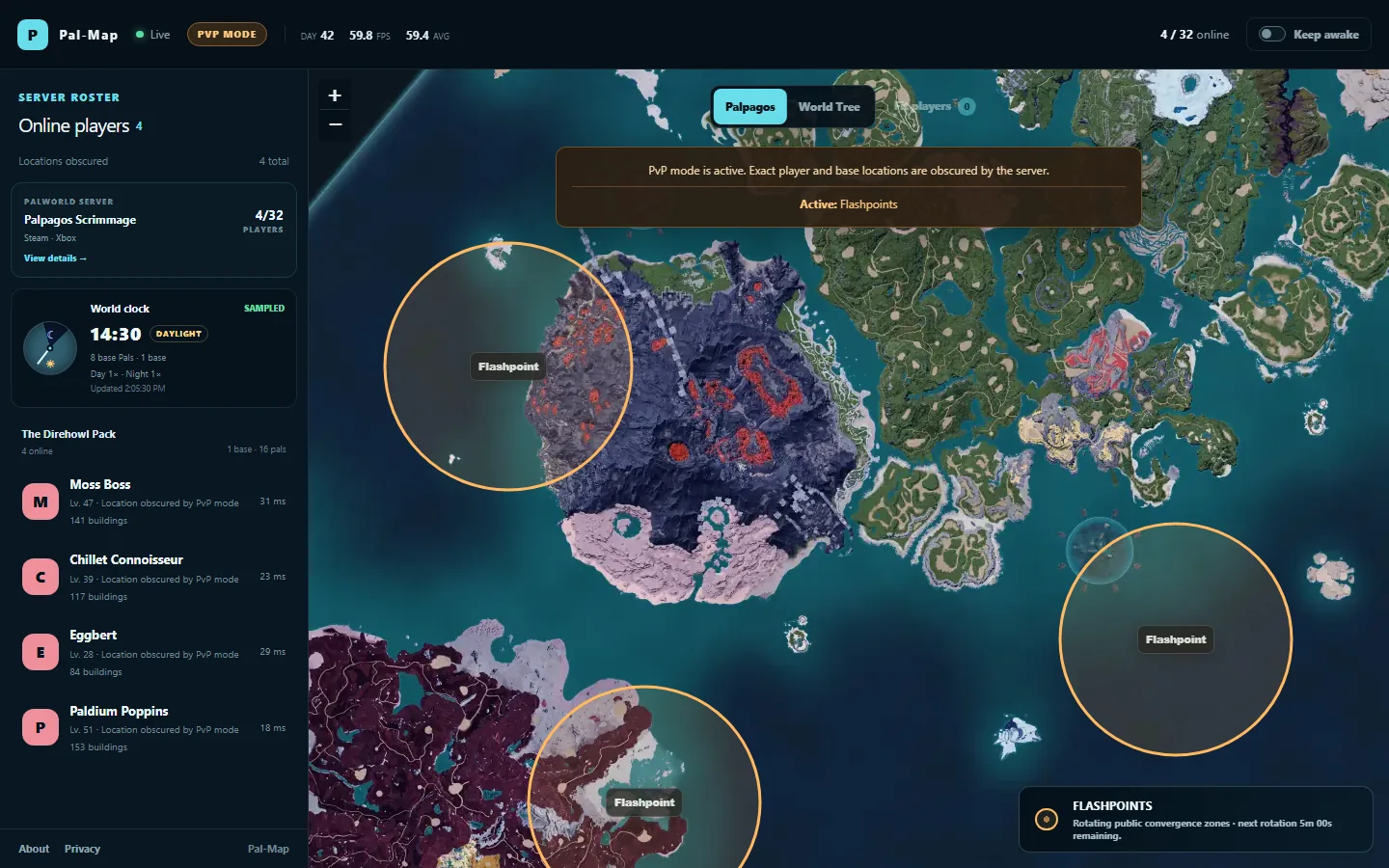 Pal-Map PvP viewer showing three amber contested circles with expiry timers and no player markers.