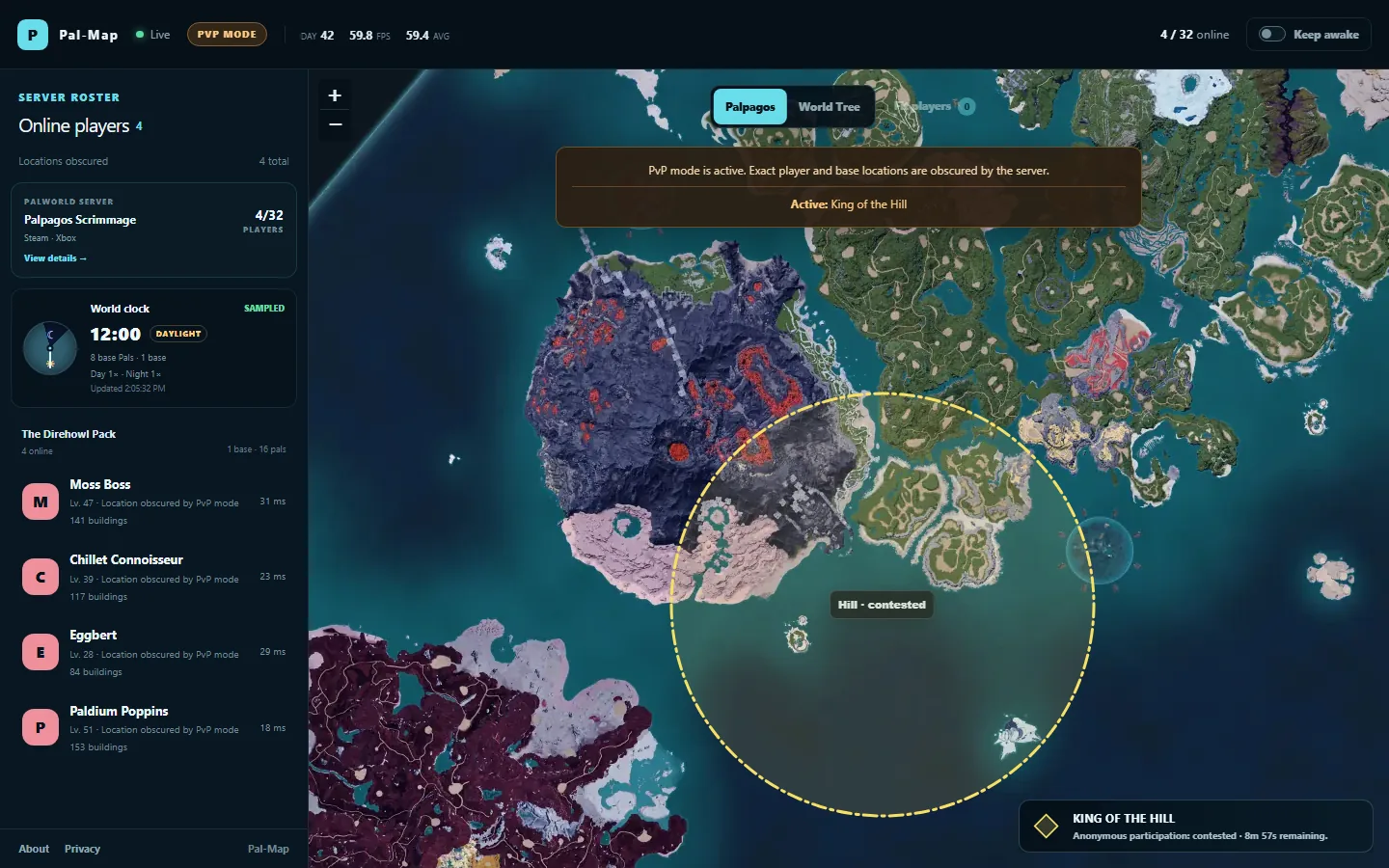 Pal-Map PvP viewer showing a gold objective zone surrounded by a broad labeled participation band.