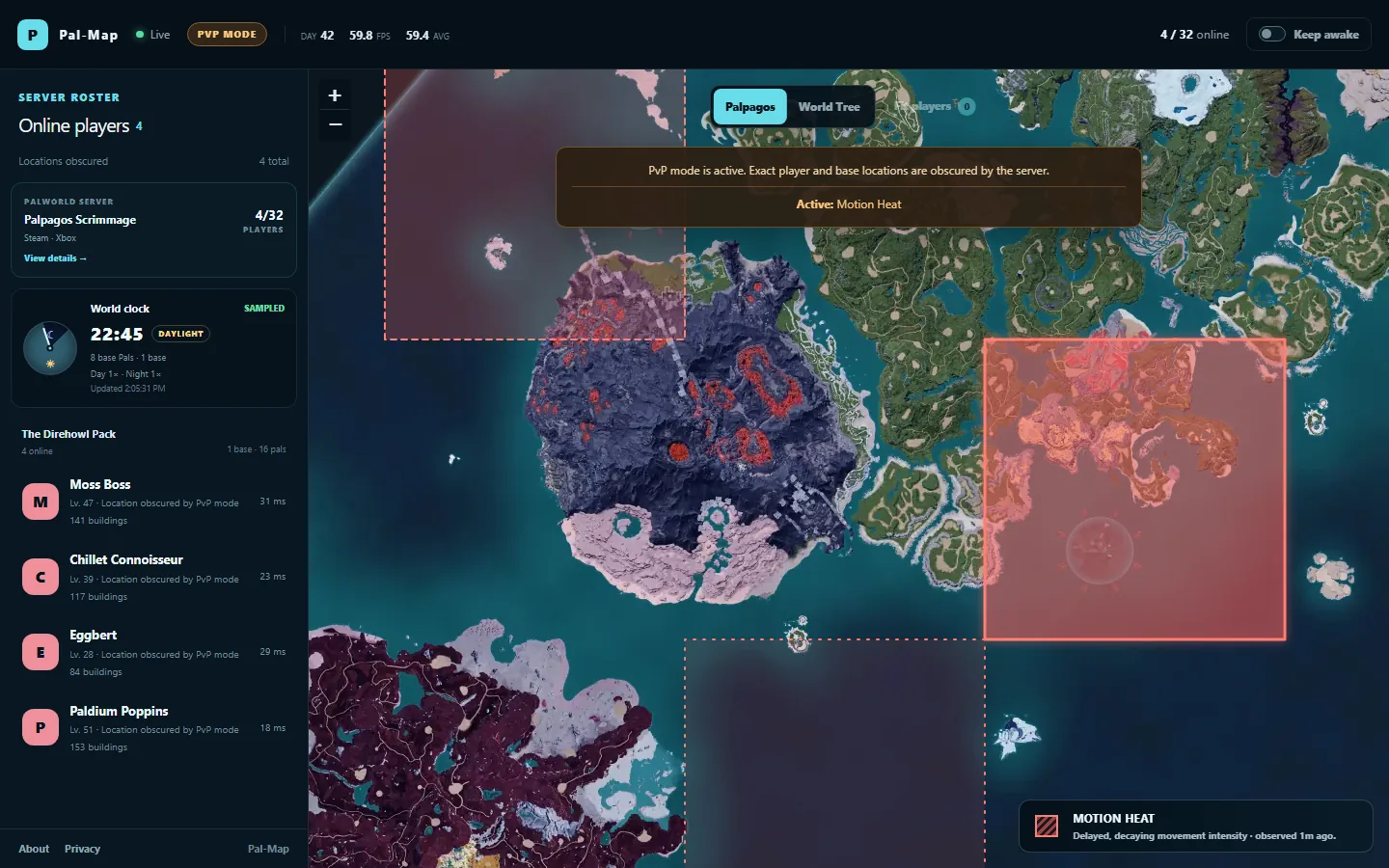 Pal-Map PvP viewer showing separated coarse movement-intensity cells in violet, coral, and amber.