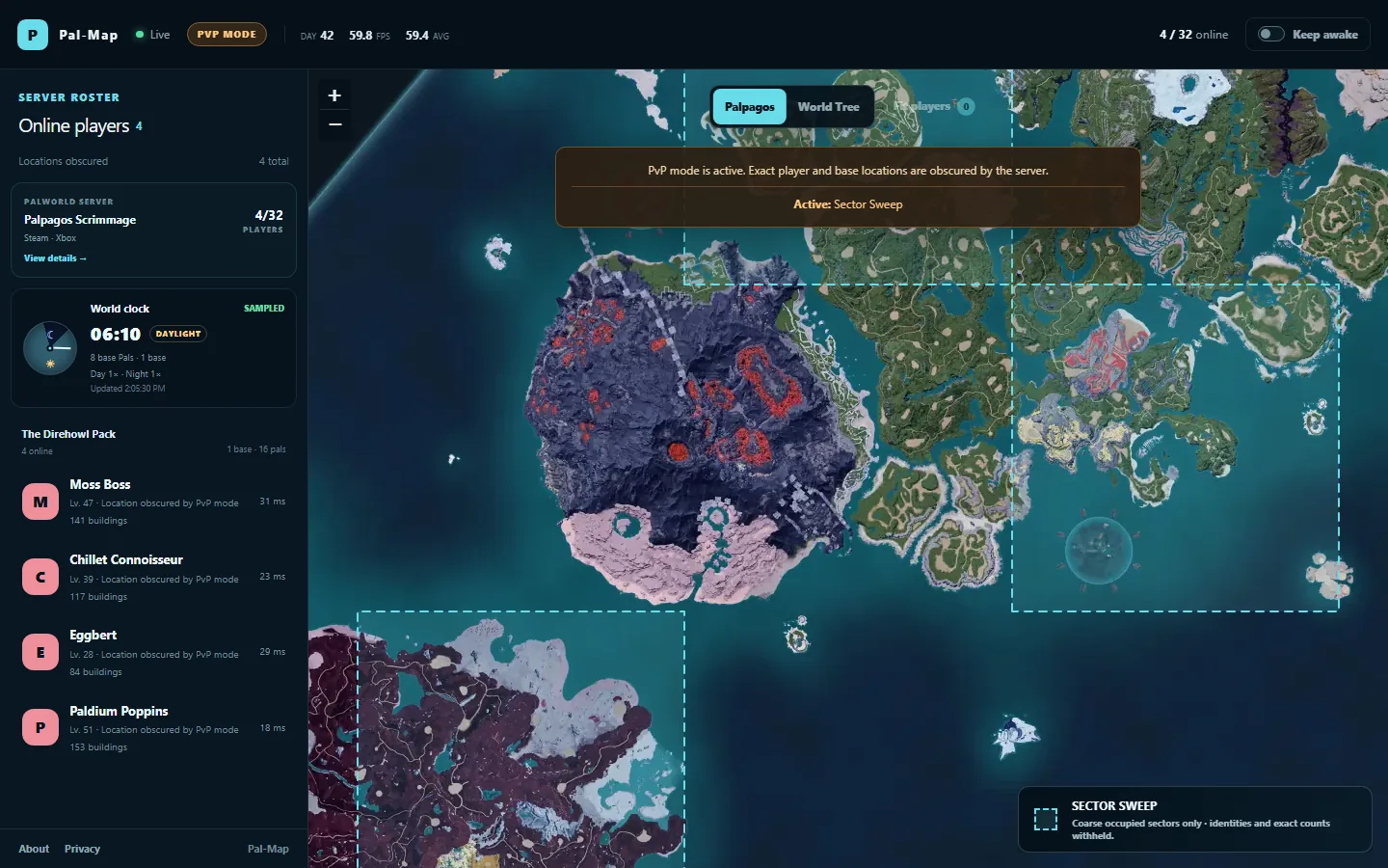 Pal-Map PvP viewer with several broad aqua map sectors highlighted while individual player markers remain absent.