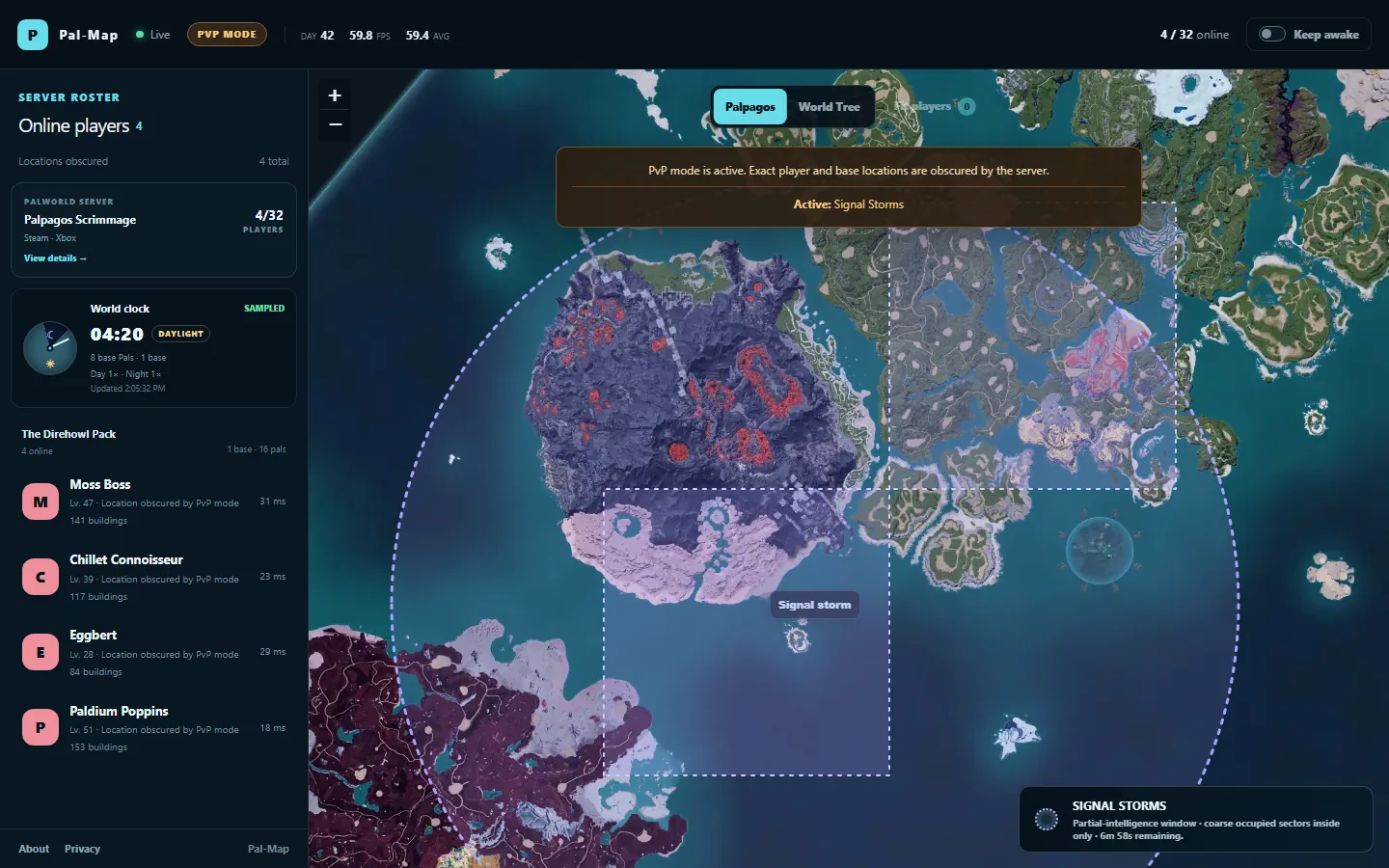 Pal-Map PvP viewer with a violet signal window crossing two highlighted sectors while the rest of the map remains obscured.