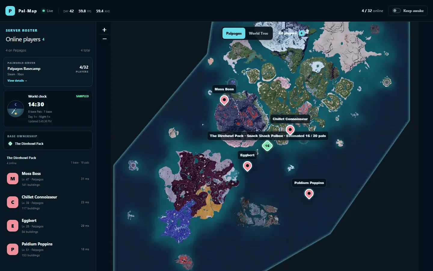 Pal-Map viewer showing four Palworld players and a labeled Palbox together on a zoomed-out live map.